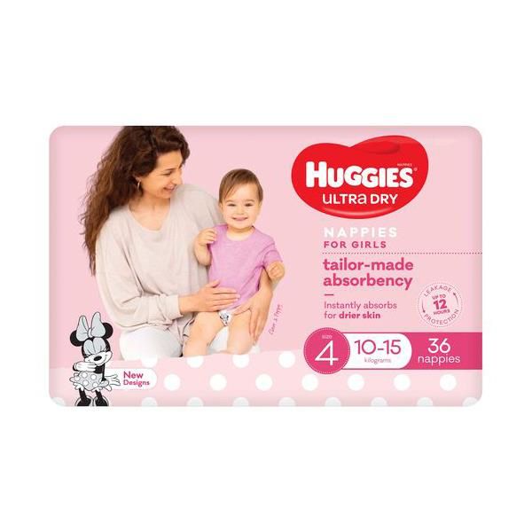 Huggies Nappies Ultra Dry Size 4 Toddler Girl 10-15Kg Pack 36