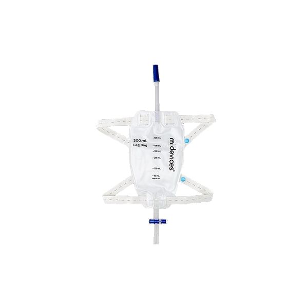 mDevices Leg Bag 500ml T Tap Non Return Valve 10cm Short Tube Elastic Straps Box 100