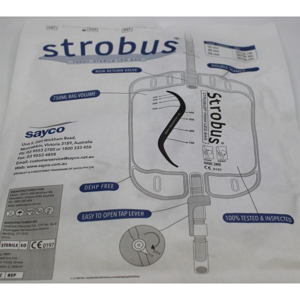 Strobus Sterile Leg Bag 750ml 10cm Inlet Tubing